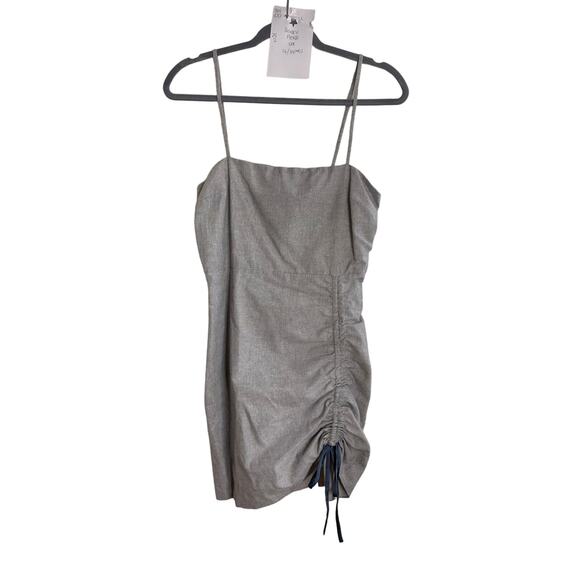 Privacy Please Mini Dress Women's Small Linen Blend Gray Microstripe Ruched - Picture 1 of 6